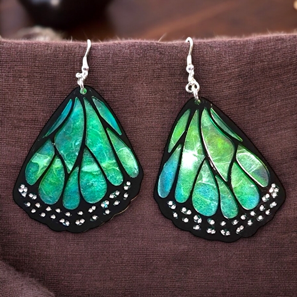 Hand Crafted Jewelry - Lyra Handcrafted Green Marbled Resin Dangle Earrings/Butterfly Wings/Butterfly